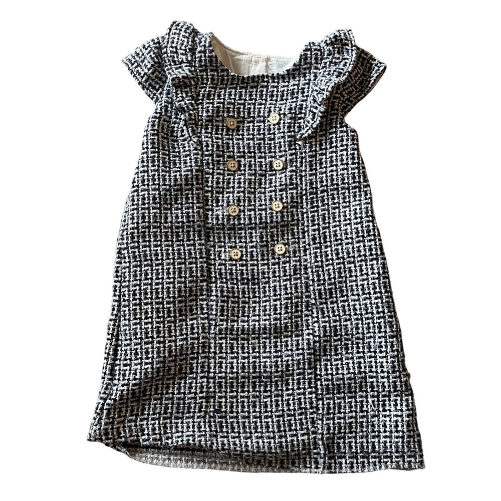 Janie and Jack Girls Navy White Tweed Double Breasted Ruffle Dress Size 5‎